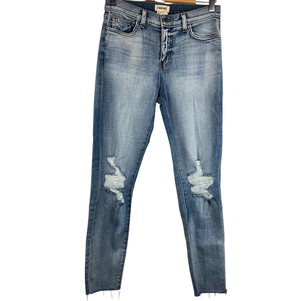 L'AGENCE Mid-Rise Skinny Jeans Distressed Light Wash Size 26 Raw Hem Blue Denim